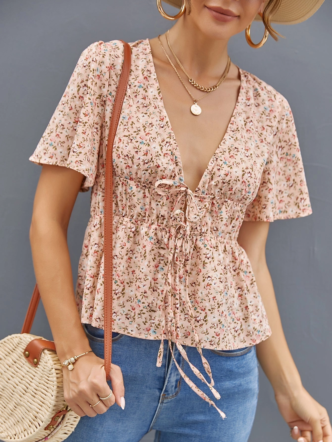 KittenAlarm - Deep V Neck Ditsy Floral Drawstring Top