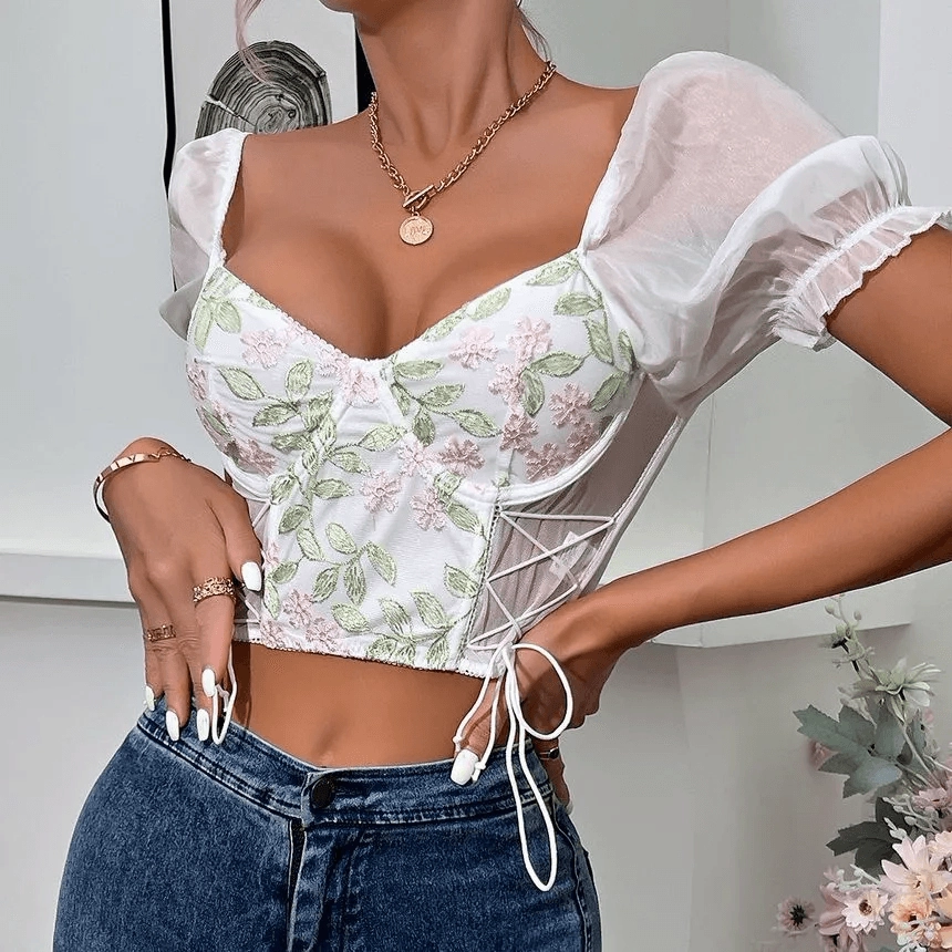 KittenAlarm - Ella Floral Embroidered Mesh Panel Crop Bustier Top