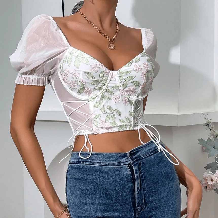KittenAlarm - Ella Floral Embroidered Mesh Panel Crop Bustier Top