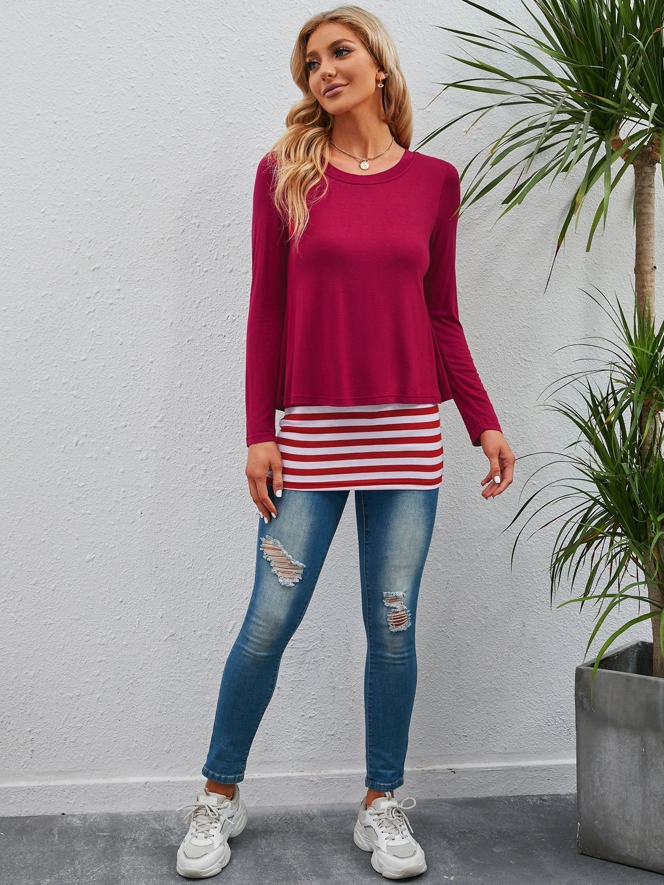 KittenAlarm - False two round collar stretch loose stripe patchwork long sleeve T-shirt