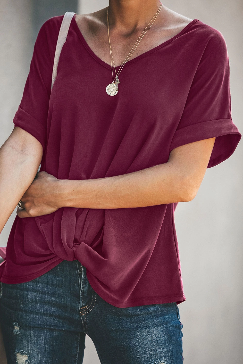 KittenAlarm - Fashion Blue/Gray/Burgundy Plain Crew Neck Short Sleeve Twist Tee T Shirt
