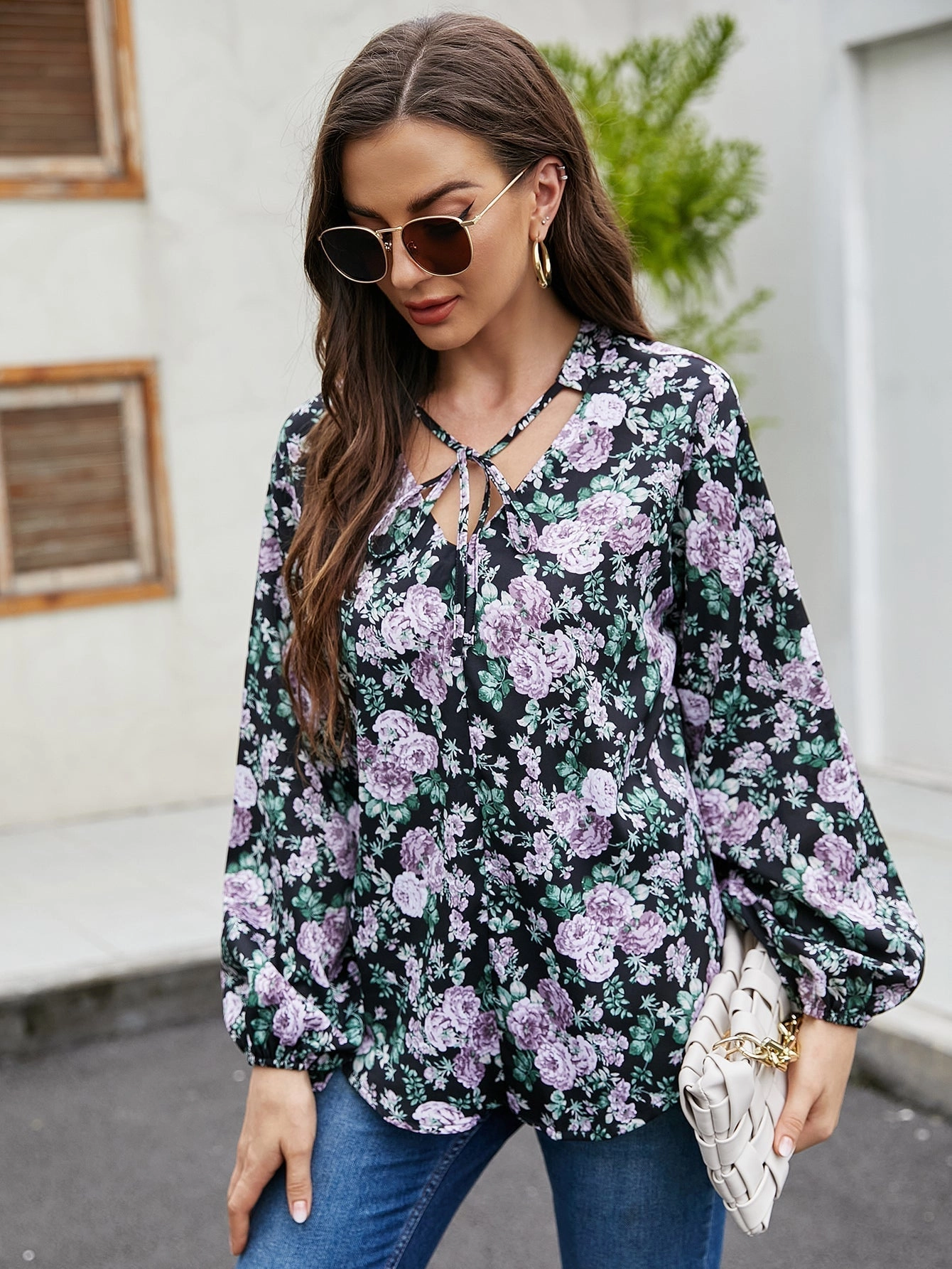 KittenAlarm - Floral Lantern Sleeve Loose Casual Top