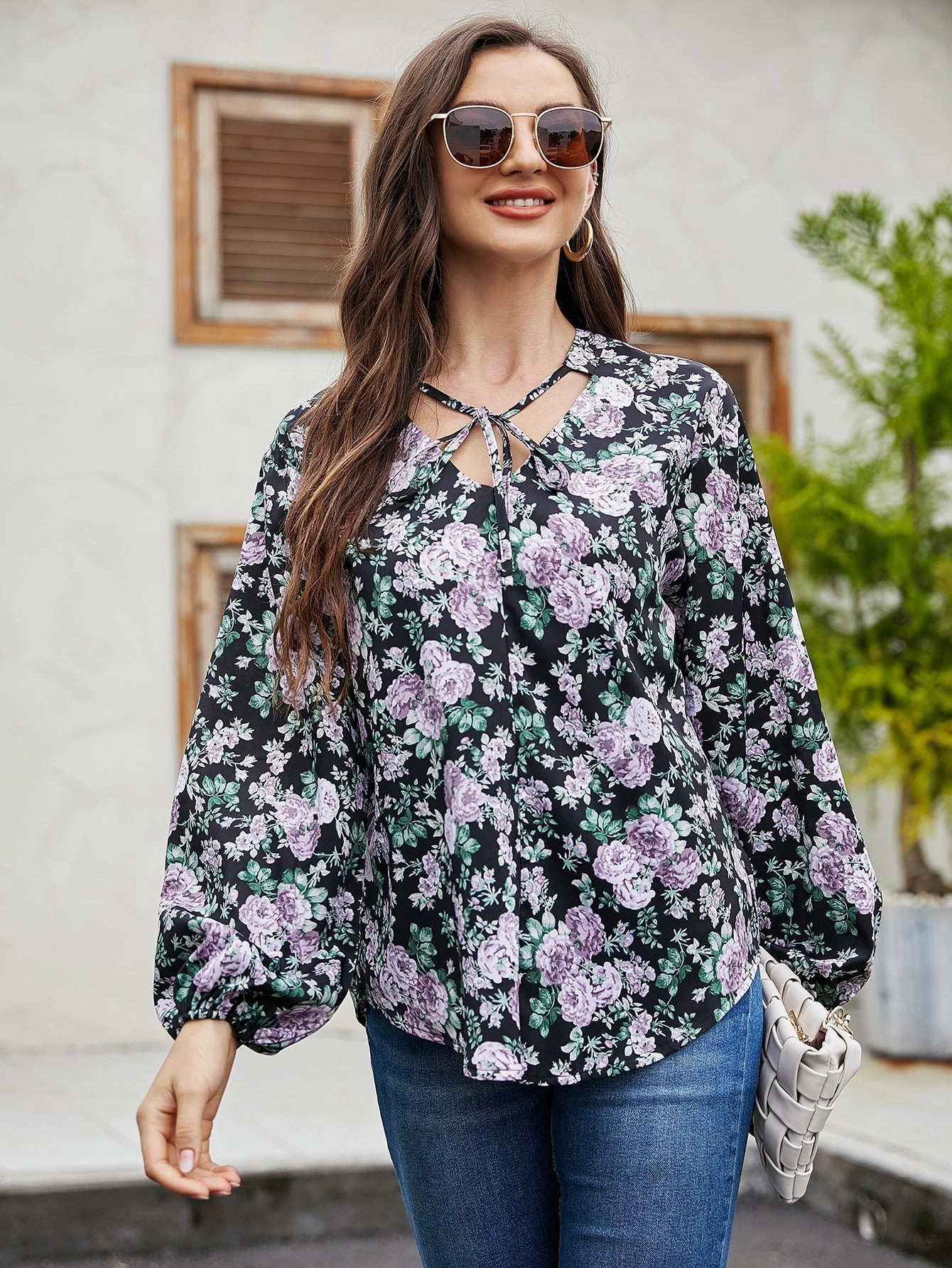 KittenAlarm - Floral Lantern Sleeve Loose Casual Top