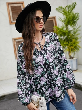KittenAlarm - Floral Lantern Sleeve Loose Casual Top