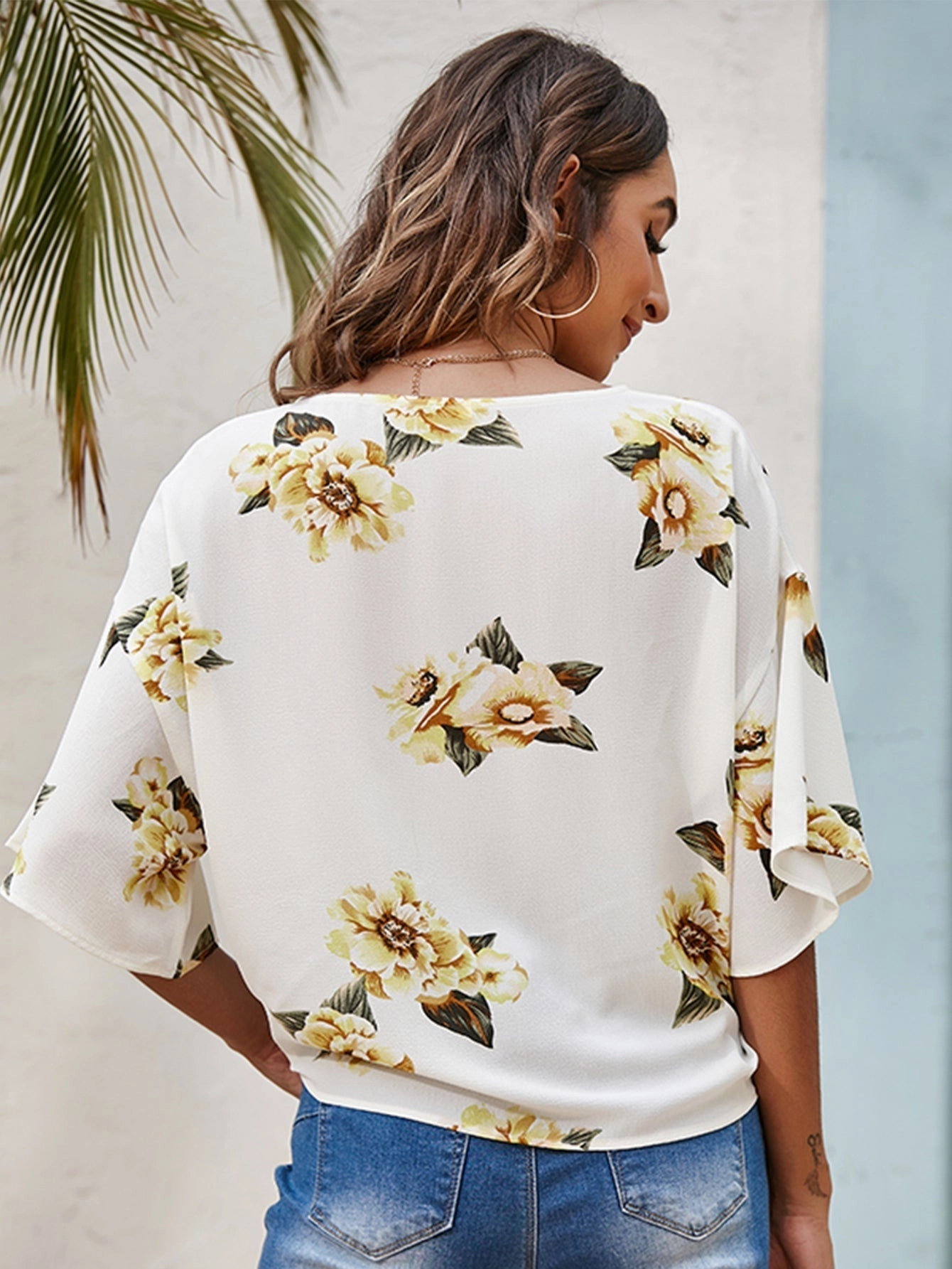 KittenAlarm - Floral Print Deep V Neck Knot Front Batwing Sleeve Tee Shirt