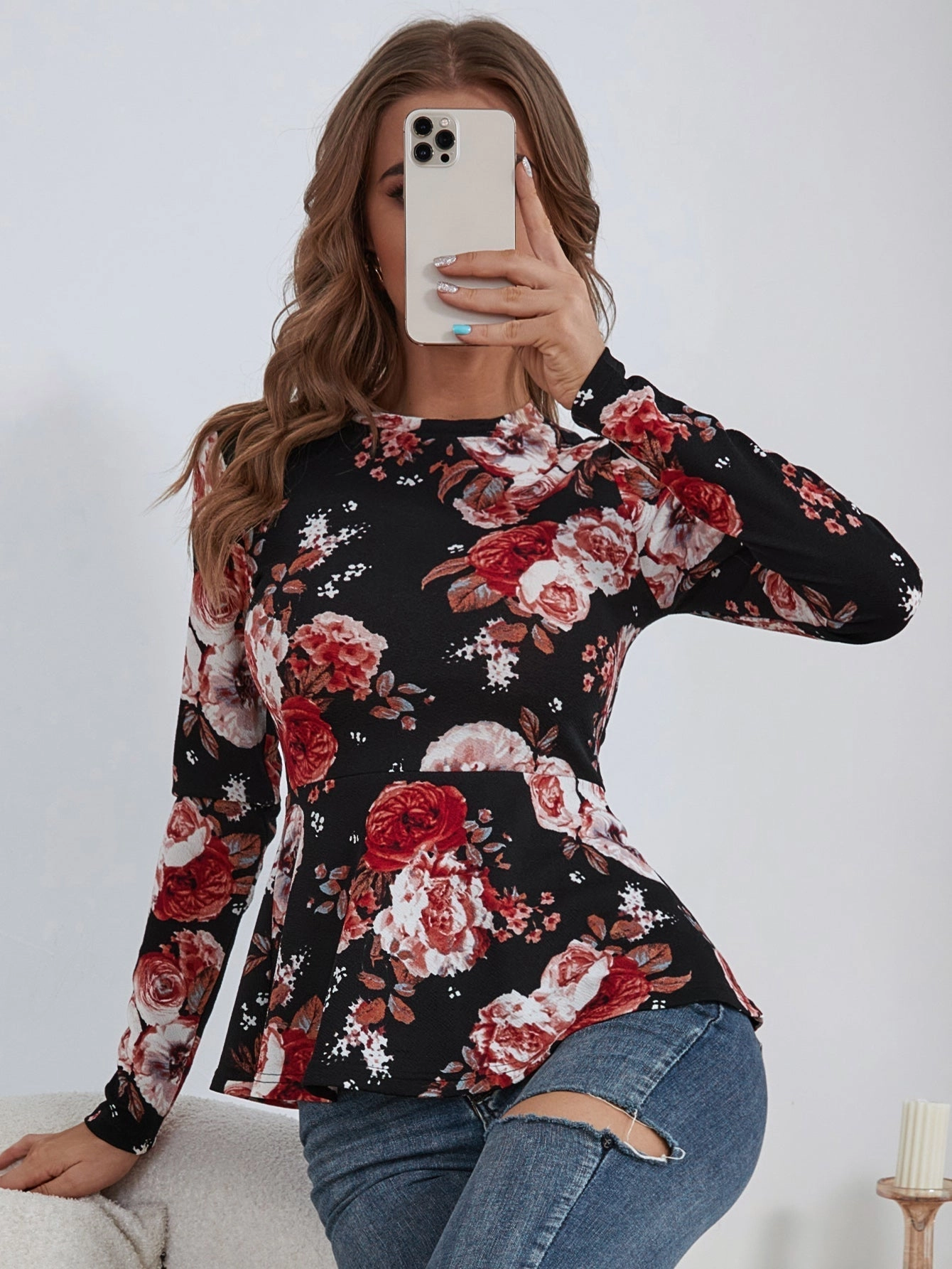 KittenAlarm - Floral Print Peplum Top