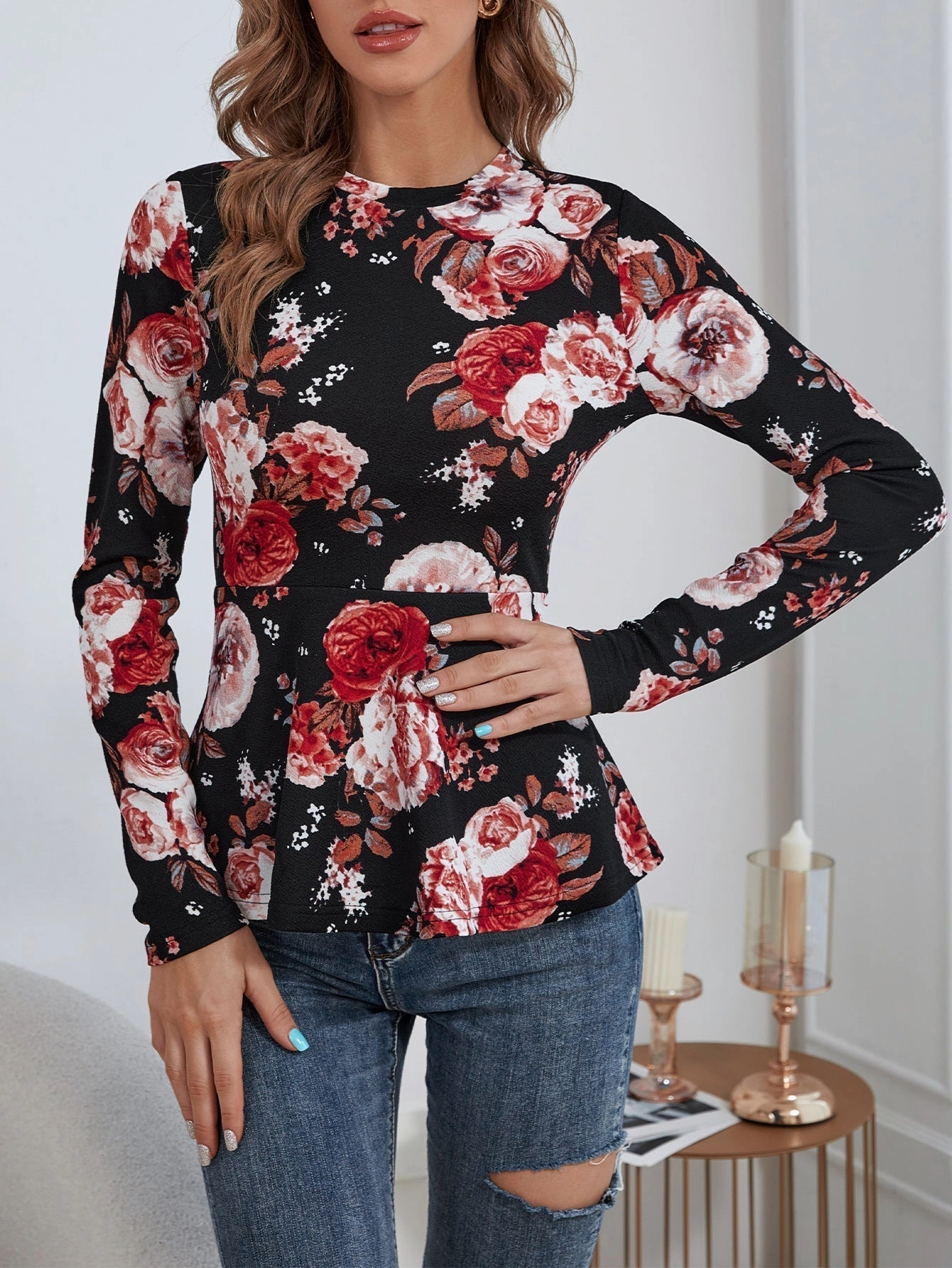 KittenAlarm - Floral Print Peplum Top