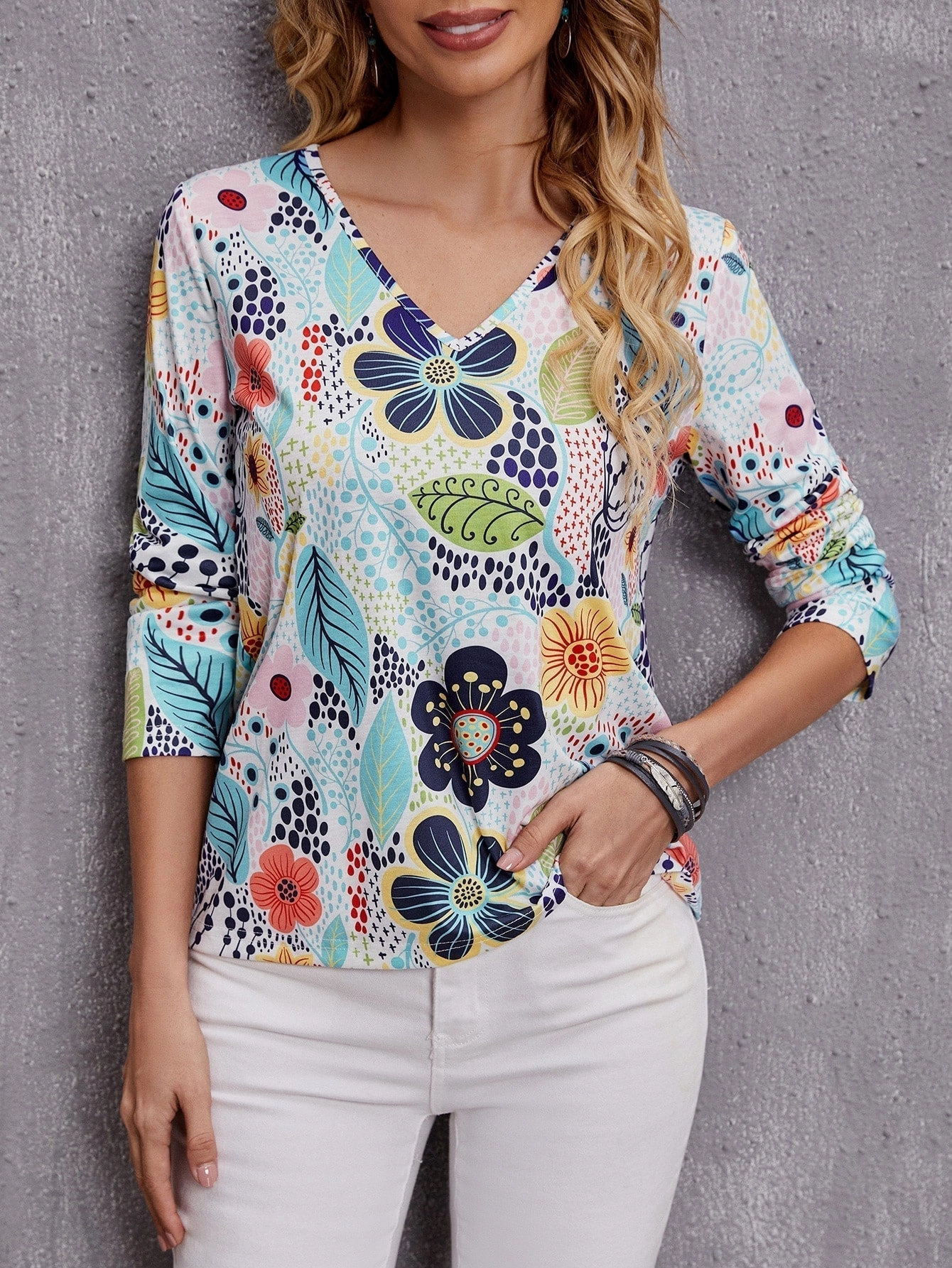 KittenAlarm - Floral Print V Neck Tee