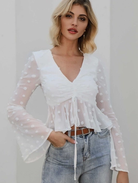 KittenAlarm - Flounce Sleeve Drawstring bust Swiss Dot Ruched Ruffled Crop Top blouse