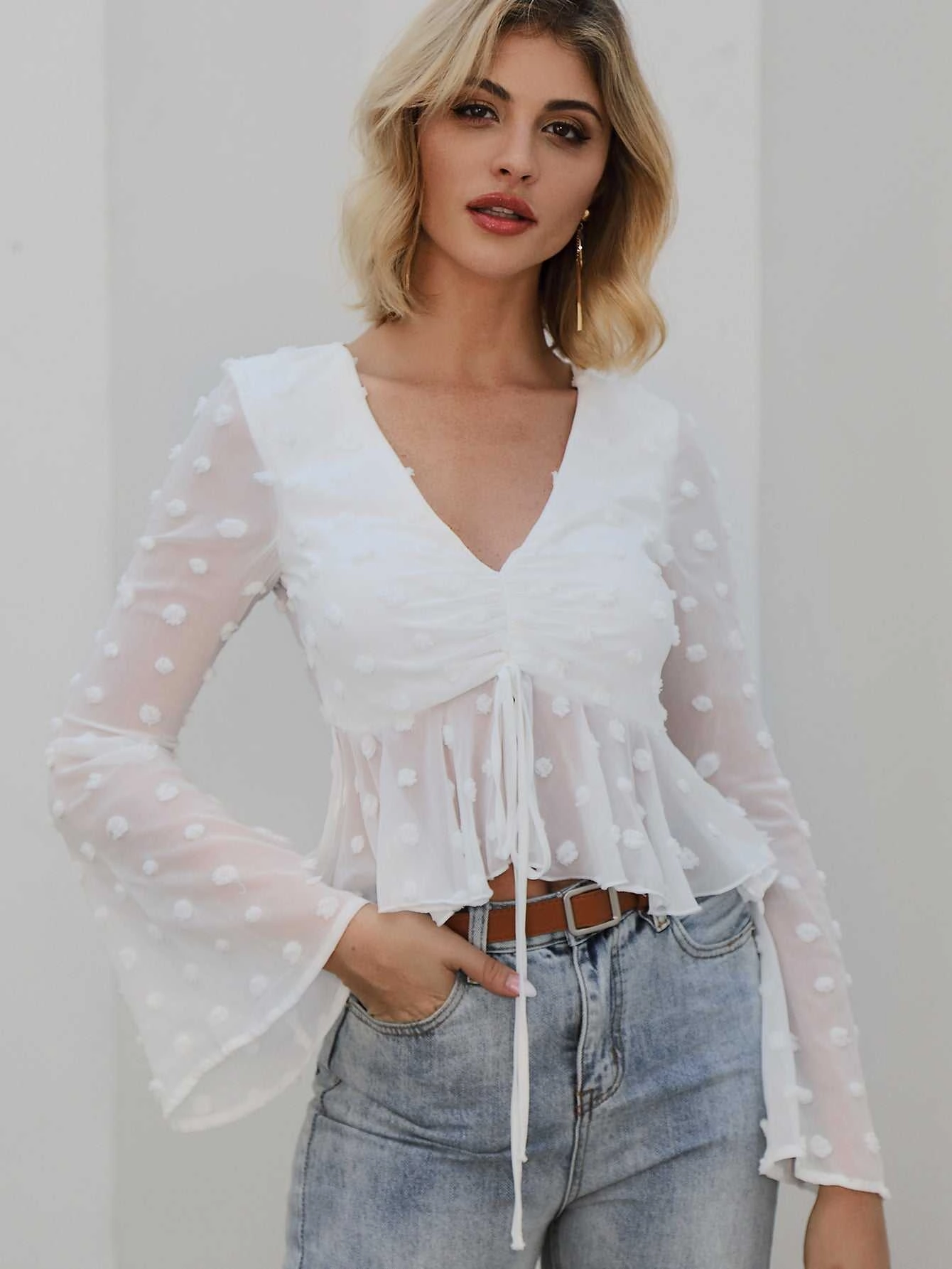 KittenAlarm - Flounce Sleeve Drawstring bust Swiss Dot Ruched Ruffled Crop Top blouse