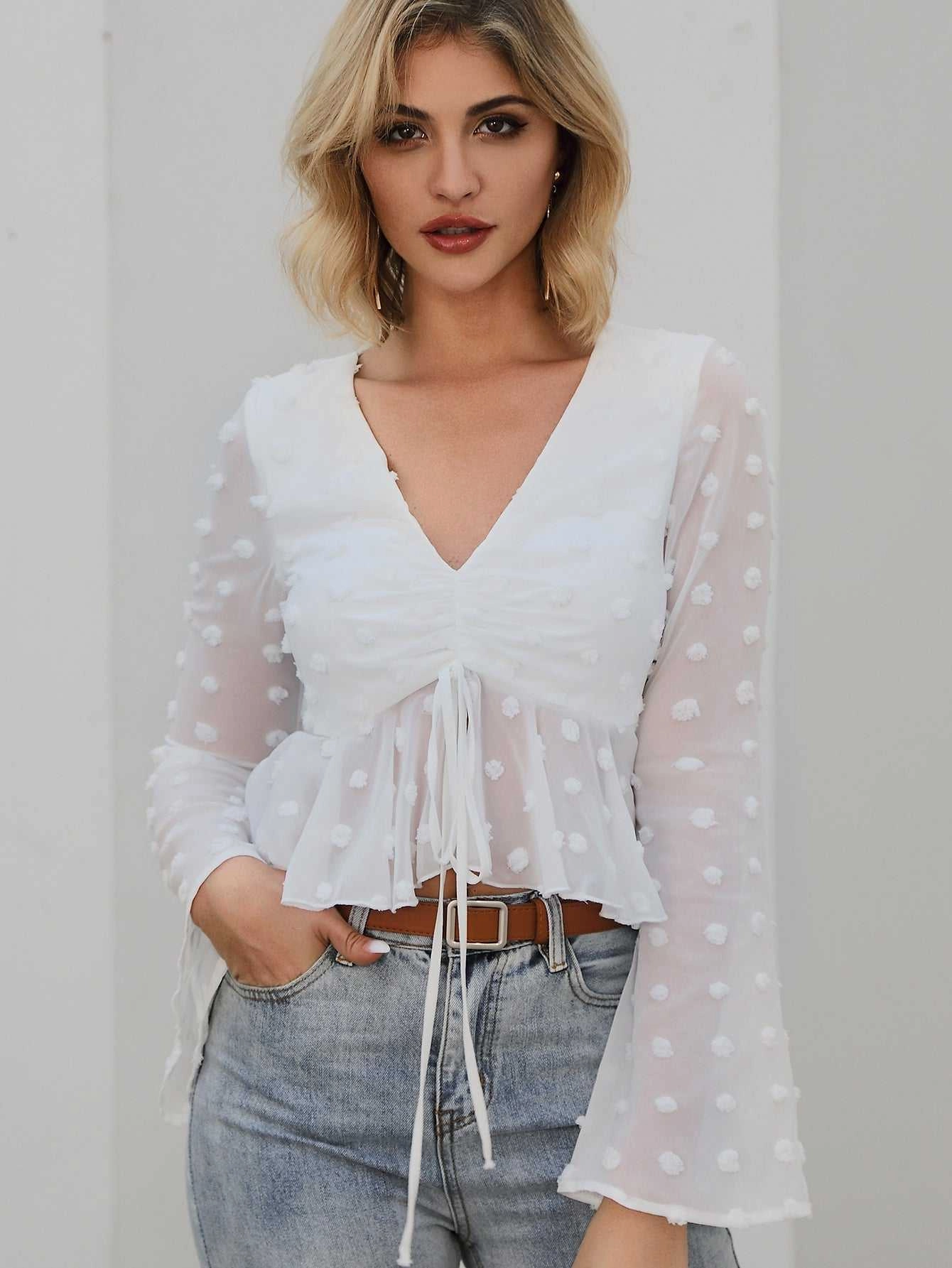 KittenAlarm - Flounce Sleeve Drawstring bust Swiss Dot Ruched Ruffled Crop Top blouse