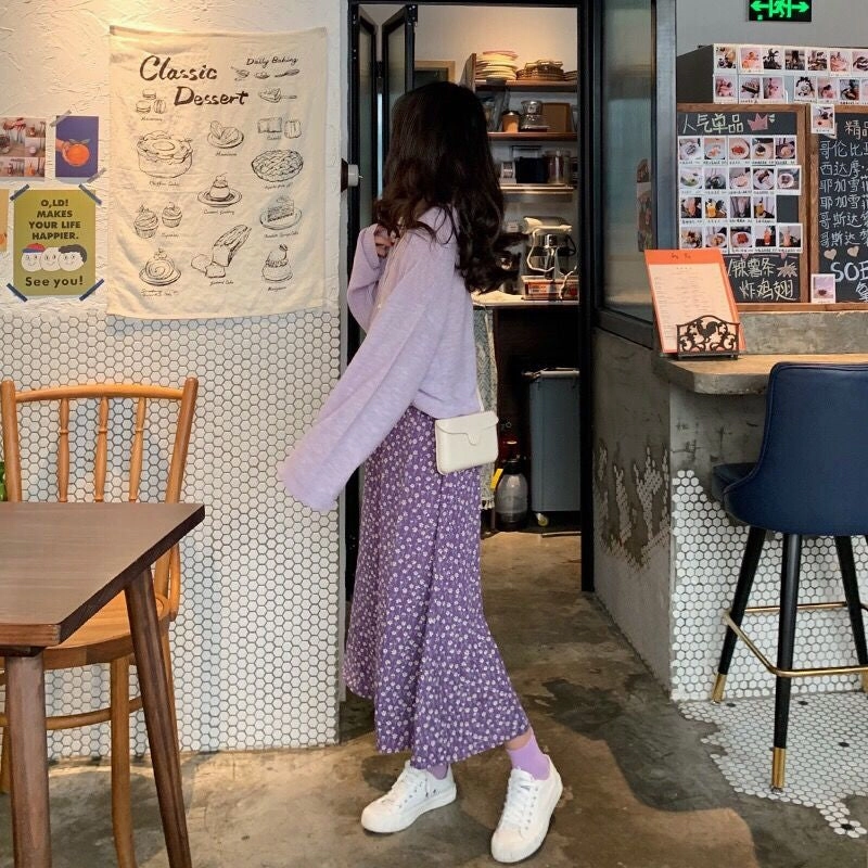 KittenAlarm - Flowers Pattern A-Line Chiffon Purple Skirts