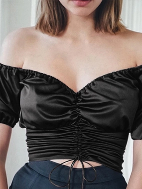 KittenAlarm - Frilled Off Shoulder Ruched Drawstring Top