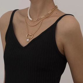 KittenAlarm - Genevieve 3 Pieces Pearl Metal Block Necklace Set