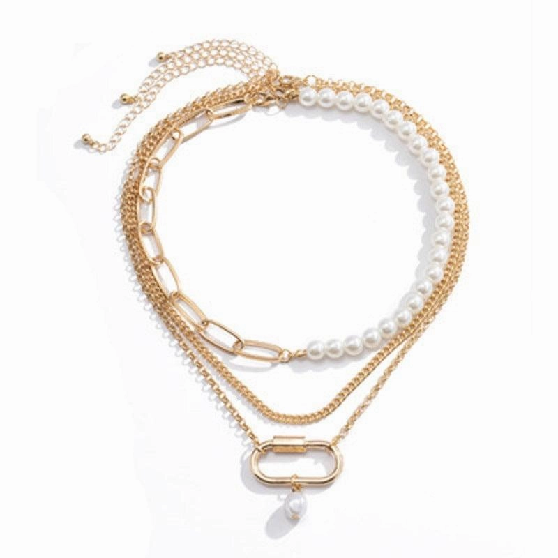 KittenAlarm - Genevieve 3 Pieces Pearl Metal Block Necklace Set