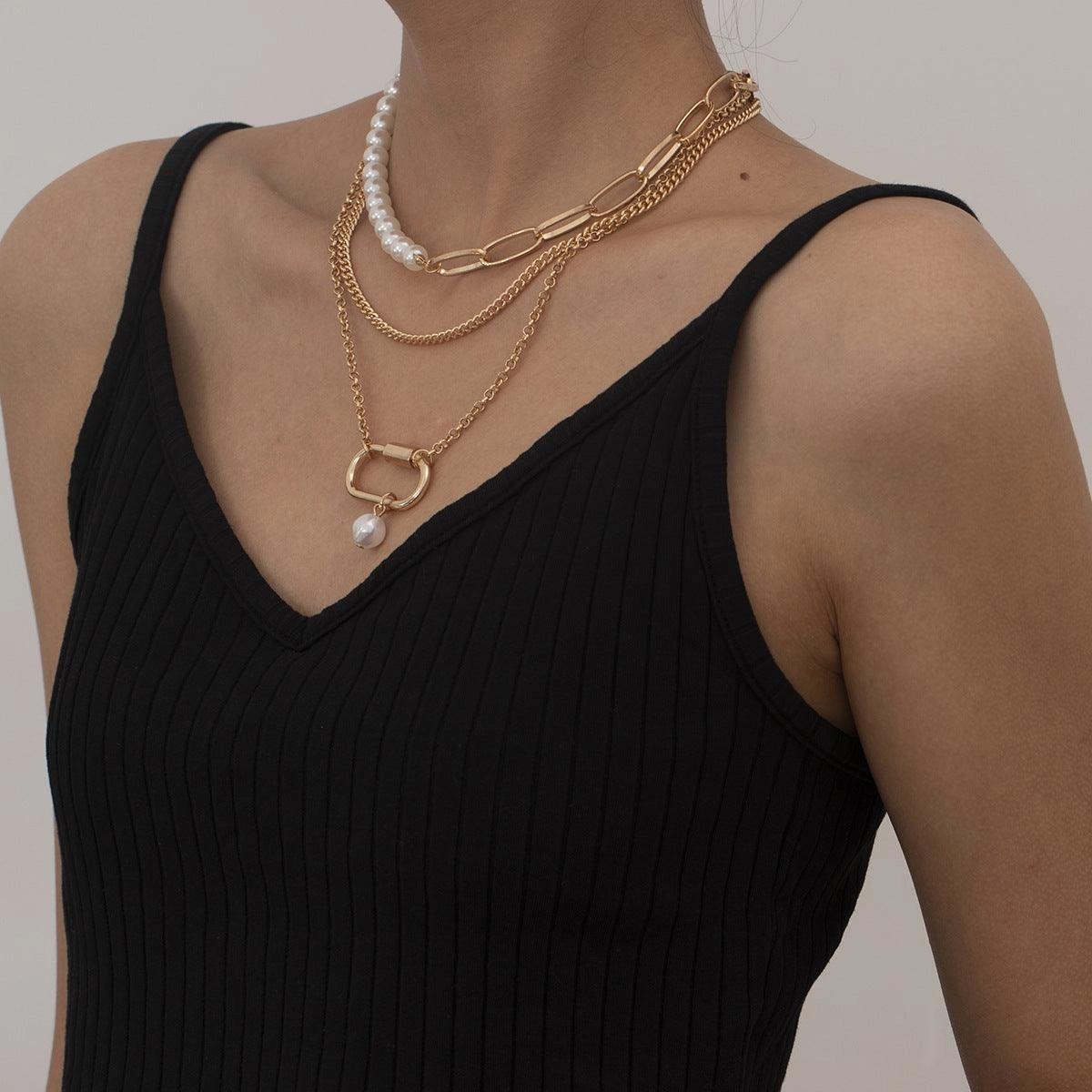 KittenAlarm - Genevieve 3 Pieces Pearl Metal Block Necklace Set