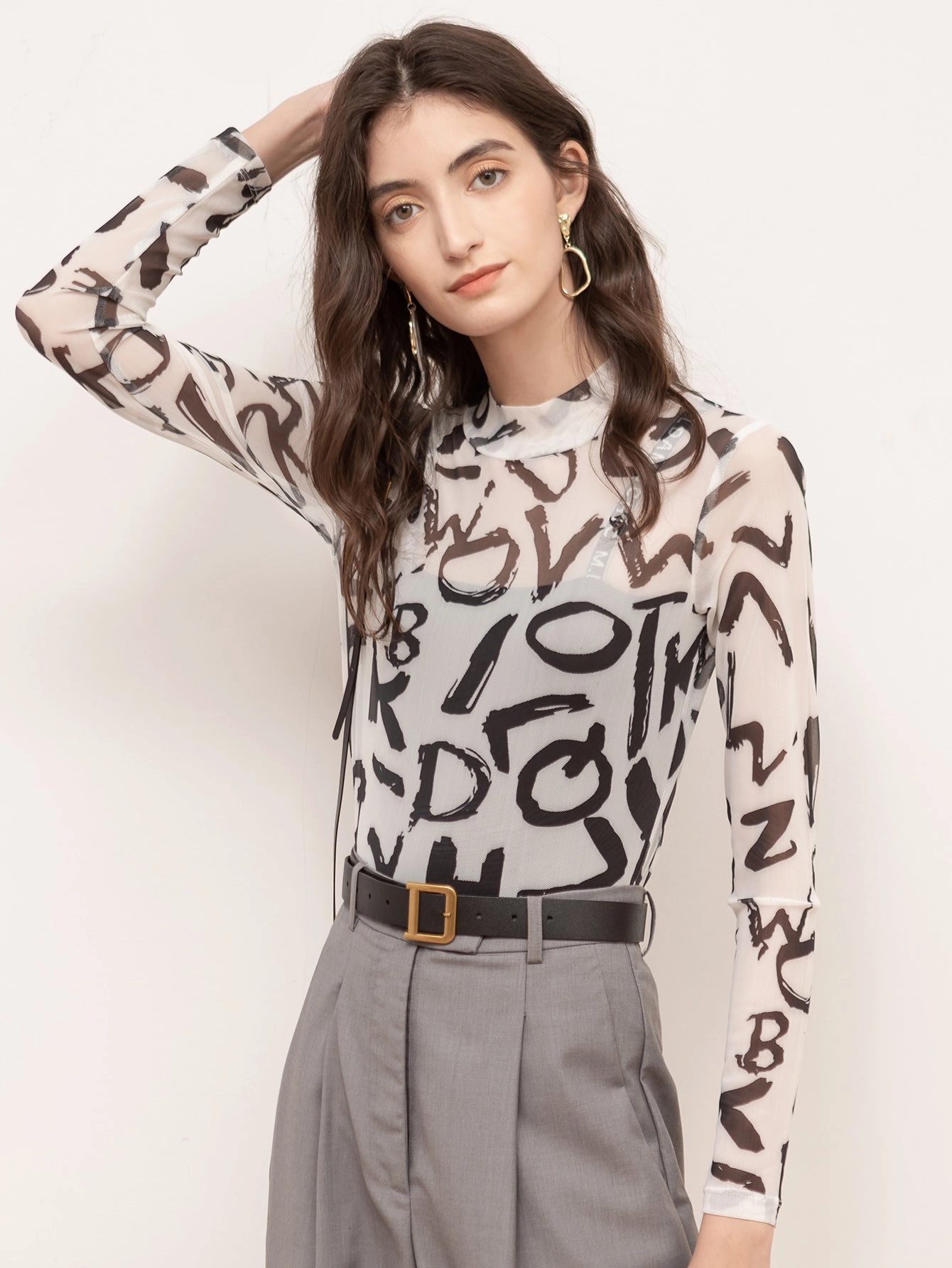 KittenAlarm - Half high collar letter crop top T-shirt