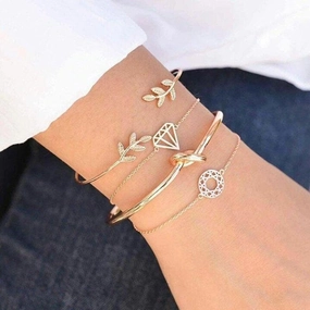 KittenAlarm - Halle 4 Pcs Bohemian Leaves Knot Round Chain Gold Bracelet Set