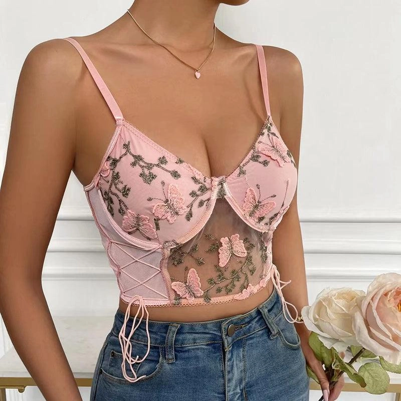 KittenAlarm - Hanna Floral & Butterfly Embroidered Tank Top