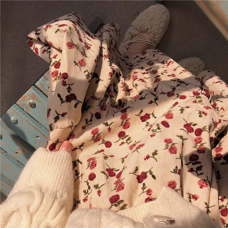 KittenAlarm - High Waist A-Line Flower Printed Corduroy Long Skirt