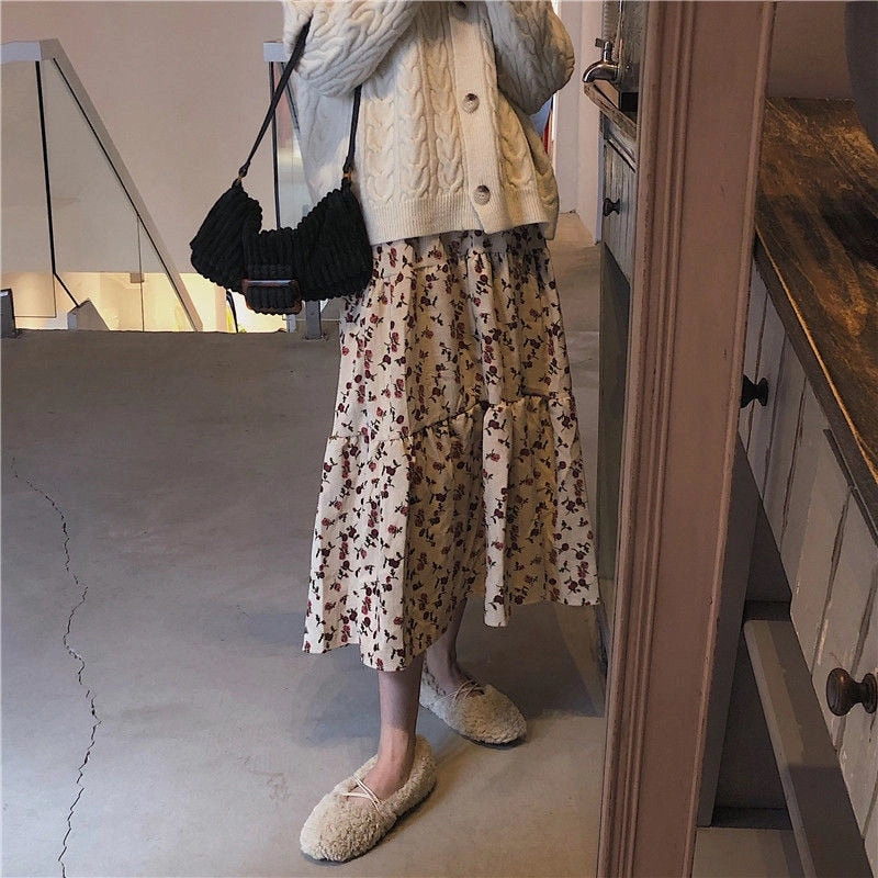 KittenAlarm - High Waist A-Line Flower Printed Corduroy Long Skirt