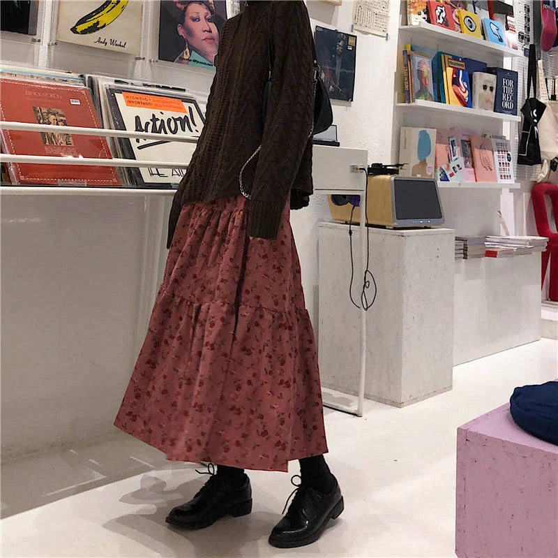 KittenAlarm - High Waist A-Line Flower Printed Corduroy Long Skirt