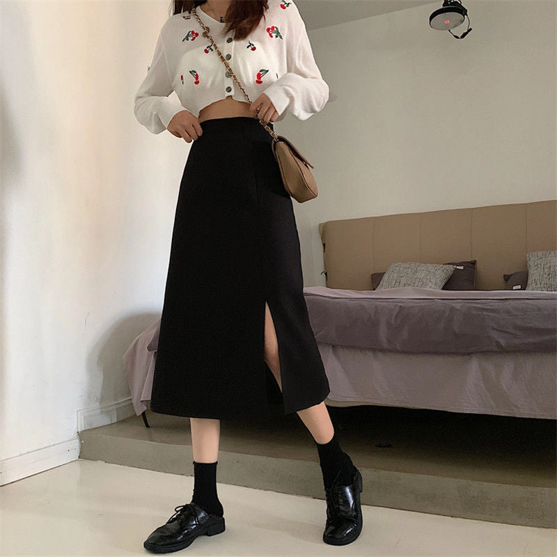 KittenAlarm - High Waist A-Line Split Long Skirts