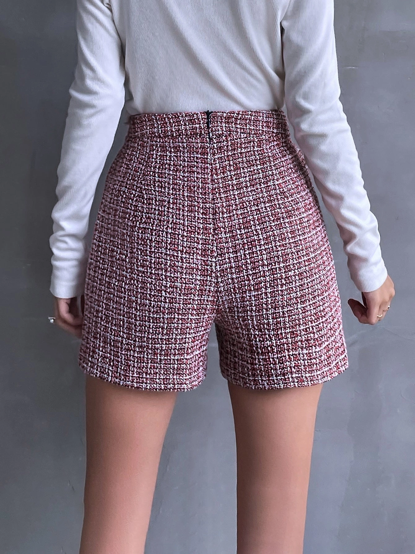 KittenAlarm - High Waist Button Detail Zip Back Gingham Tweed Shorts