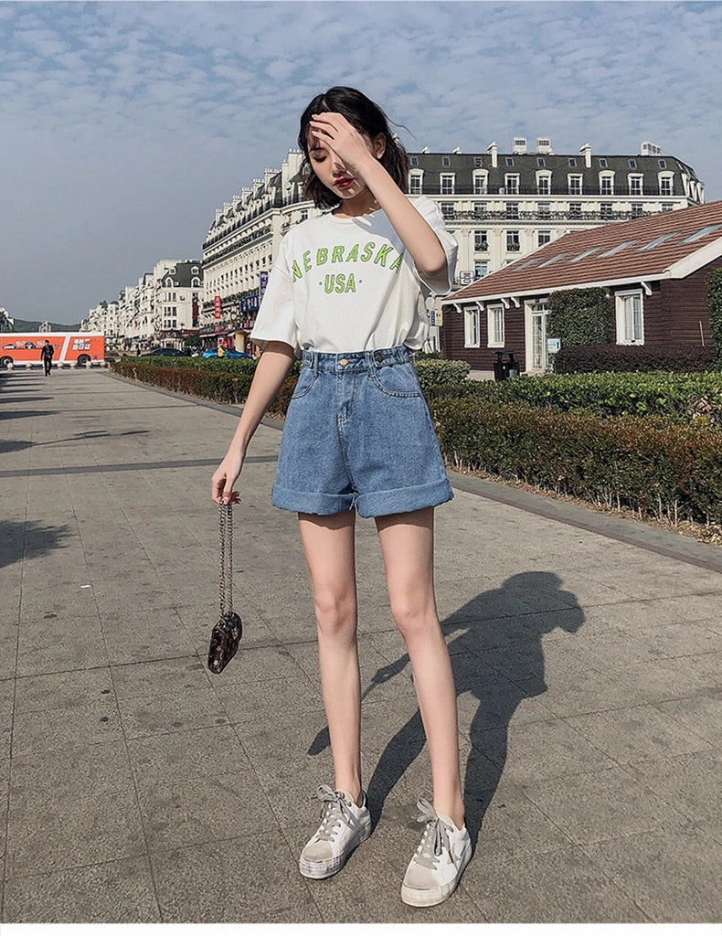 KittenAlarm - High Waist Button Wide Leg Shorts Jeans