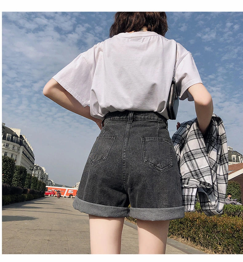 KittenAlarm - High Waist Button Wide Leg Shorts Jeans