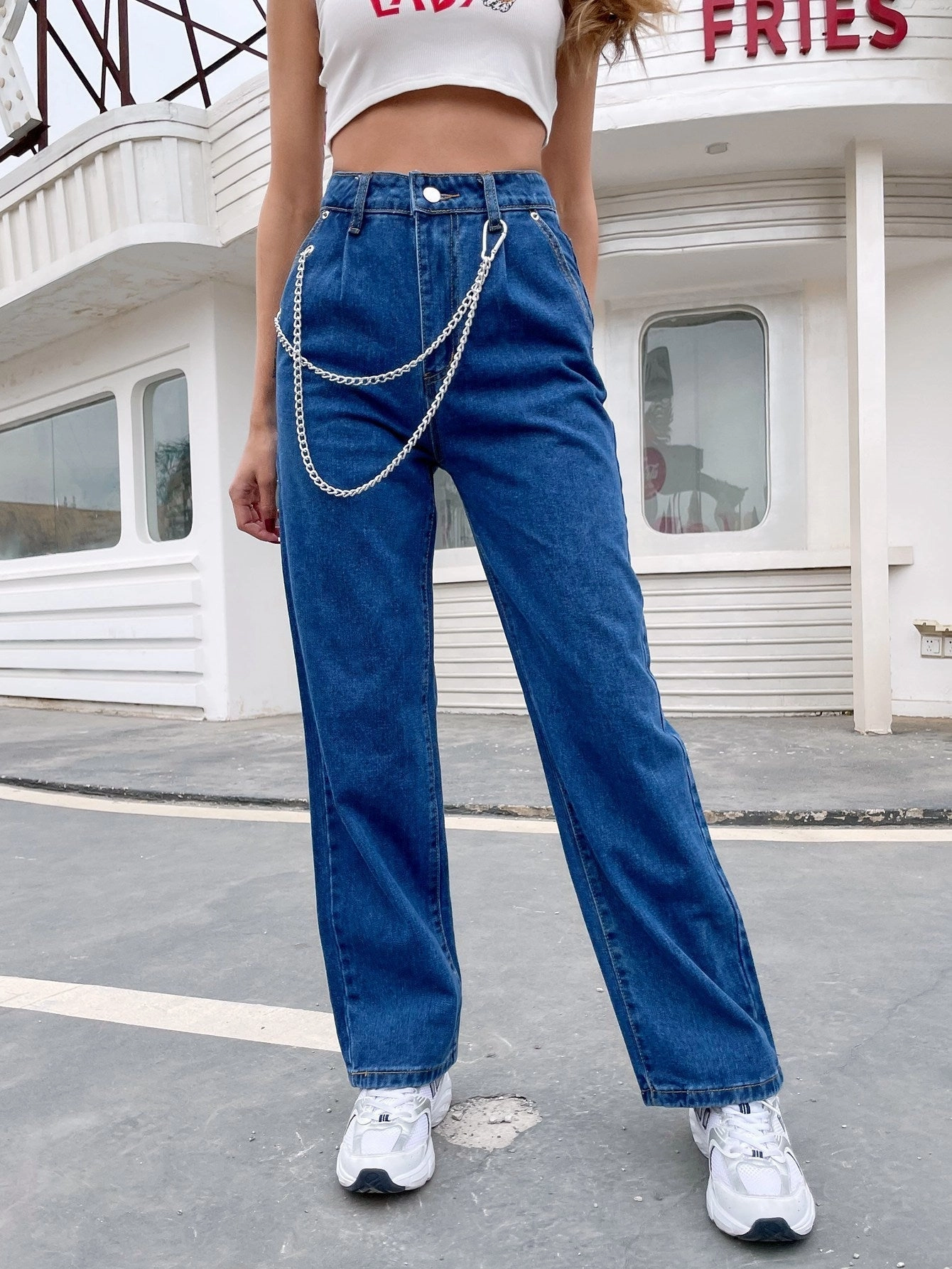KittenAlarm - High Waist Chain Strap Straight Jeans