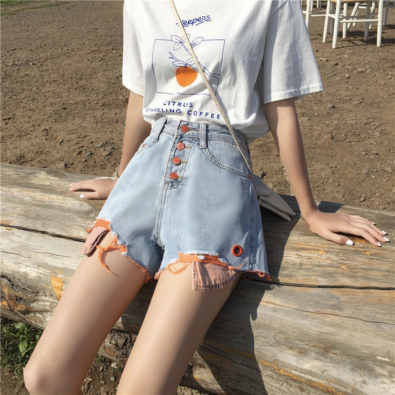 KittenAlarm - High Waist Contrast Colorful Denim Shorts Jeans