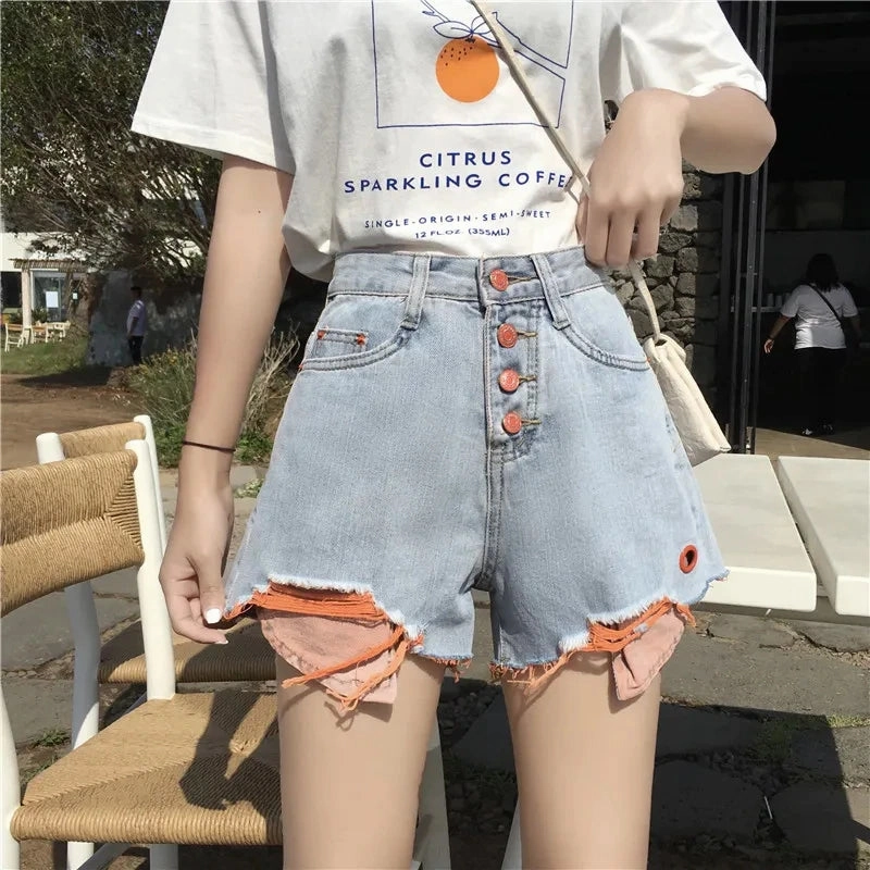 KittenAlarm - High Waist Contrast Colorful Denim Shorts Jeans