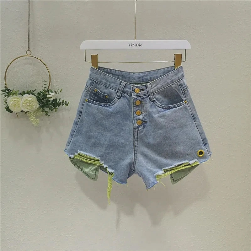 KittenAlarm - High Waist Contrast Colorful Denim Shorts Jeans