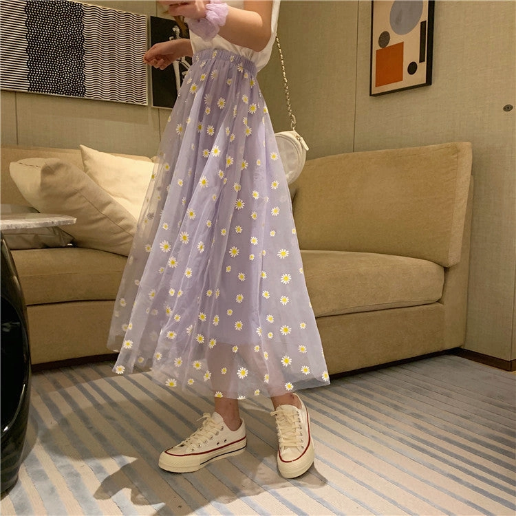 KittenAlarm - High Waist Daisy Printed Mesh Transparent A- Line Skirt