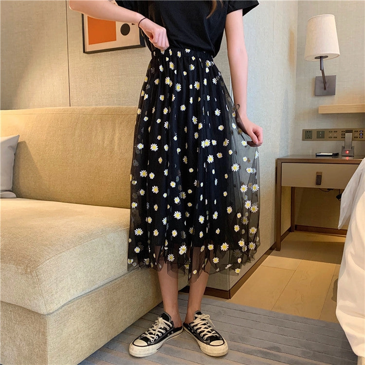 KittenAlarm - High Waist Daisy Printed Mesh Transparent A- Line Skirt