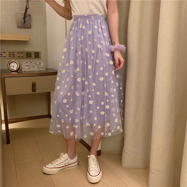 KittenAlarm - High Waist Daisy Printed Mesh Transparent A- Line Skirt