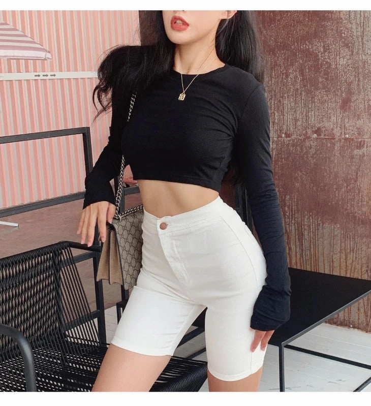 KittenAlarm - High Waist Elastic Thin Denim Shorts Jeans