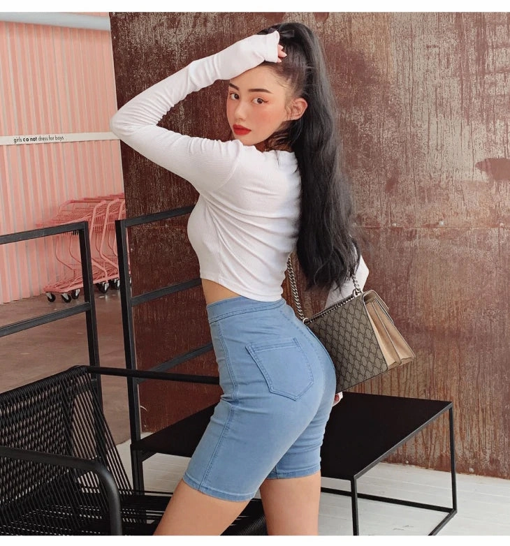 KittenAlarm - High Waist Elastic Thin Denim Shorts Jeans