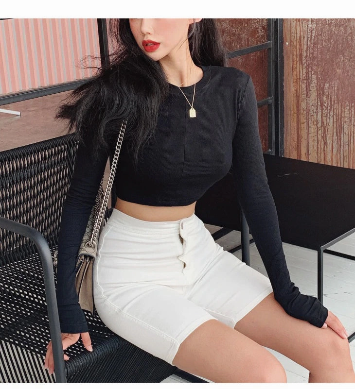 KittenAlarm - High Waist Elastic Thin Denim Shorts Jeans