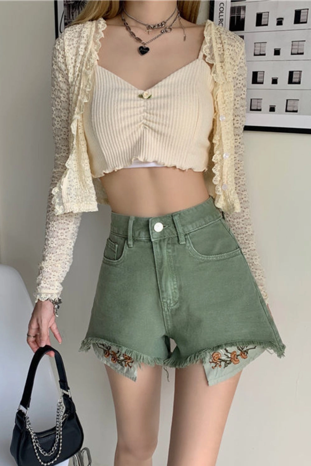 KittenAlarm - High Waist Floral Embroidered Green Shorts Jeans