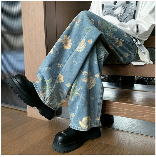 KittenAlarm - High Waist Floral Pattern Long Men Jeans Pants
