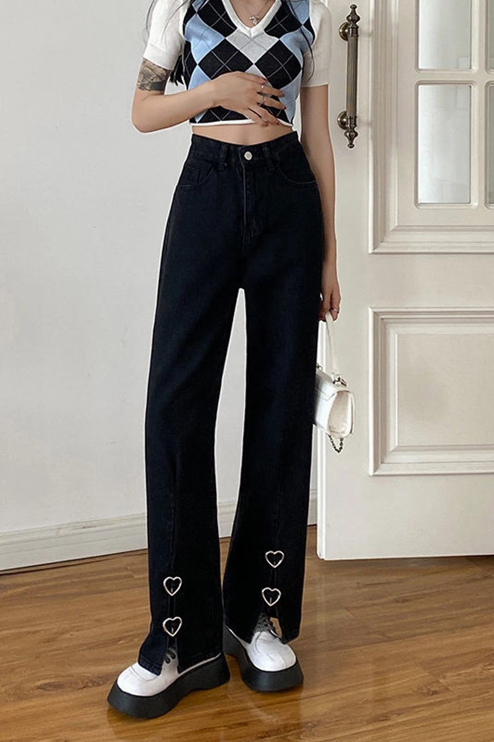 KittenAlarm - High Waist Front Side Split Heart Shape Jeans Pants