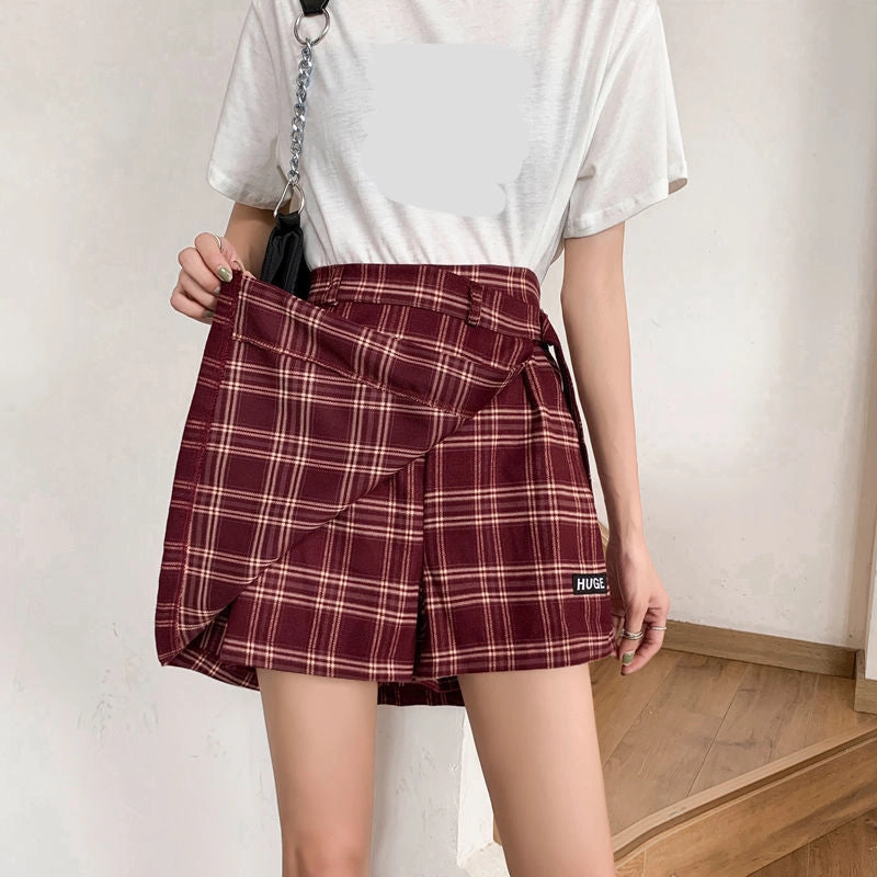 KittenAlarm - High Waist Irregular Plaid Skirts With Belt