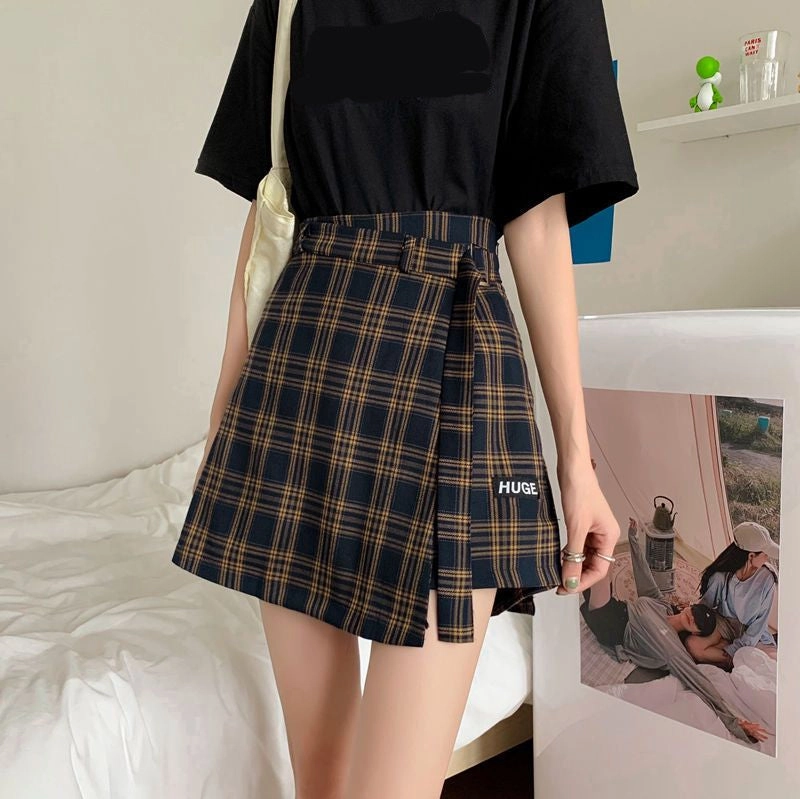 KittenAlarm - High Waist Irregular Plaid Skirts With Belt