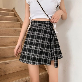 KittenAlarm - High Waist Irregular Plaid Skirts With Belt
