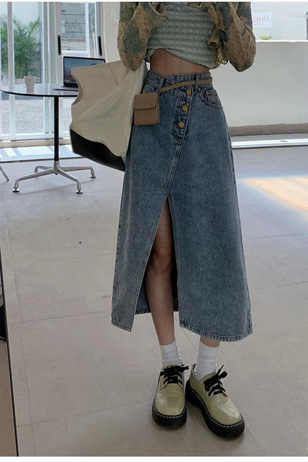 KittenAlarm - High Waist Irregular Split Denim Skirts