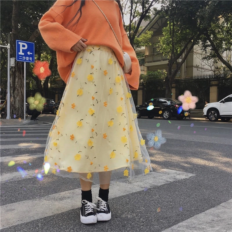 KittenAlarm - High Waist Mesh Lace Flower Long Skirt