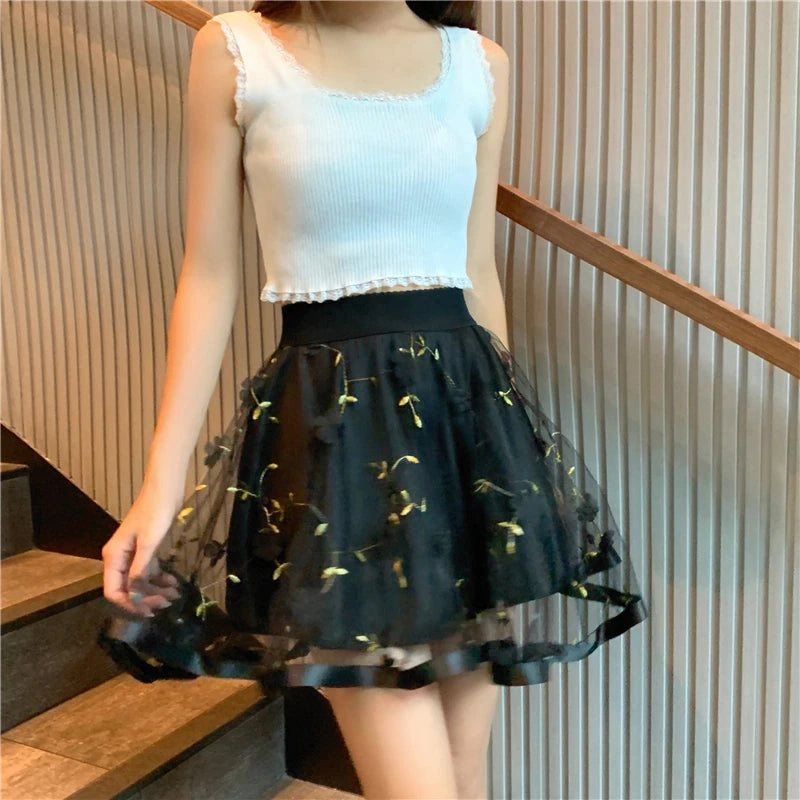 KittenAlarm - High Waist Mesh Lace Flower Mini Skirts