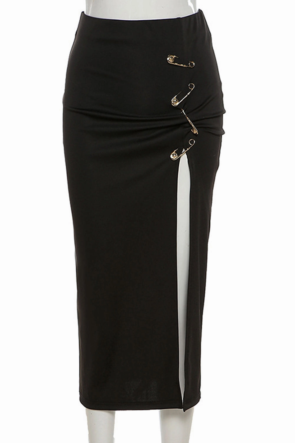 KittenAlarm - High Waist Pins Buckle Long Split Skirt